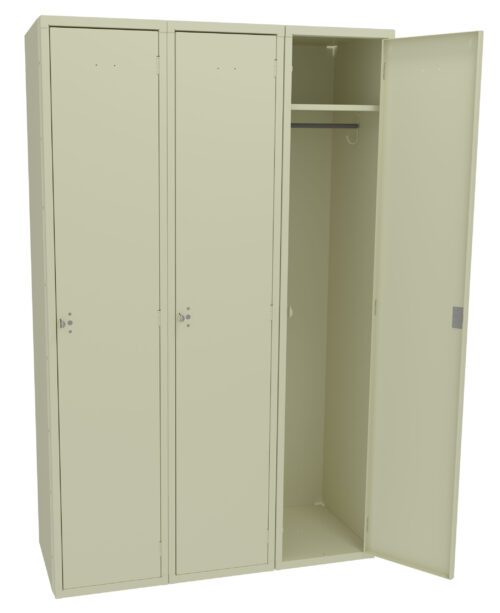 A beige metal locker unit with three compartments. The middle locker is open, showing an empty space with a clothing rod and a shelf inside. The other two lockers are closed.