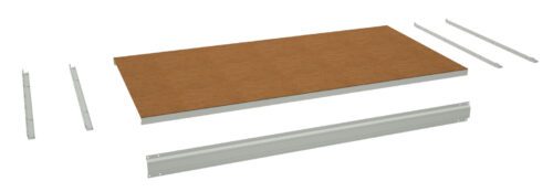 b4l5dvijieeweqv7euag.jpg Image of a disassembled shelving unit, featuring a rectangular brown board and six gray metal beams positioned around it, likely intended for assembly into a complete structure.