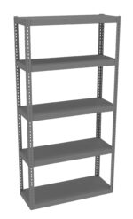 A gray metal shelving unit with five empty shelves. The shelves are evenly spaced within a rectangular frame, and the structure has a minimalist design, suitable for storage or organization.