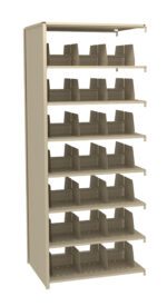 A beige, multi-tiered metal shelving unit with five adjustable shelves. Each shelf has multiple metal dividers, allowing for organized storage. The unit is empty and shown against a white background.
