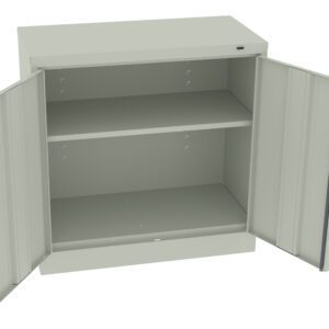 A light gray metal storage cabinet with two open doors. It features an adjustable middle shelf, providing two spacious compartments for storage. The cabinet is set on a plain white background.