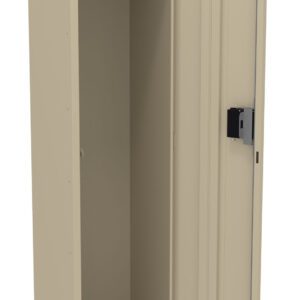 Beige metal locker with one door open, revealing a vertical compartment. Inside, theres a single shelf at the top and a hanging rod with a hook below it. The locker stands on four short legs.