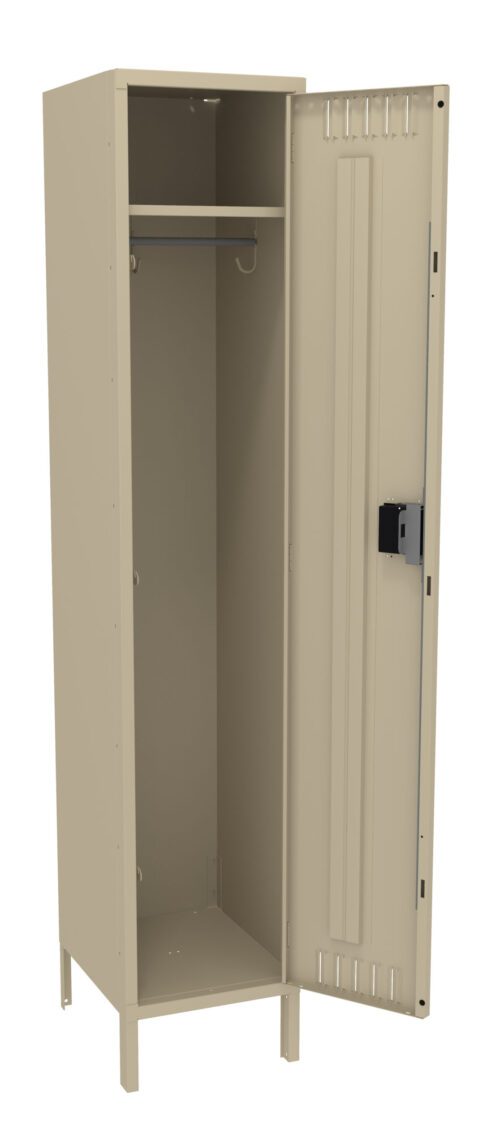 Beige metal locker with one door open, revealing a vertical compartment. Inside, theres a single shelf at the top and a hanging rod with a hook below it. The locker stands on four short legs.