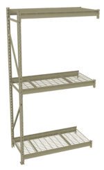 Metal storage rack with three wire mesh shelves, supported by a sturdy vertical frame. The rack is freestanding and designed for organizing and storing various items in a garage or warehouse setting.
