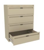 A beige filing cabinet with four drawers, one of which is open at the bottom, revealing its interior. The cabinet has simple pull handles and a clean, modern design.