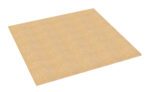 A close-up view of a square piece of medium-density fiberboard (MDF) with a smooth, light brown surface. The board is depicted against a plain white background, highlighting its texture and thickness.
