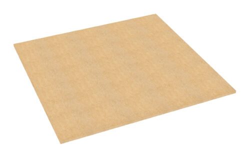 A close-up view of a square piece of medium-density fiberboard (MDF) with a smooth, light brown surface. The board is depicted against a plain white background, highlighting its texture and thickness.
