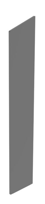 A tall, narrow, rectangular gray panel is standing upright against a white background. The panel is slightly angled, showing a thin edge and its flat surface.
