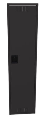 A tall, black metal locker with a narrow, rectangular shape. It features a vented top and bottom, a recessed handle, and hinges on the right side, suggesting it opens to the left. The surface is smooth and unadorned.