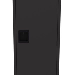 A tall, black metal locker with a narrow, rectangular shape. It features a vented top and bottom, a recessed handle, and hinges on the right side, suggesting it opens to the left. The surface is smooth and unadorned.