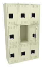 A beige metal locker unit with three rows and three columns, totaling nine compartments. One locker door in the middle row is open, revealing an empty interior. The doors have black handles and ventilation slots.