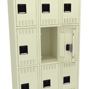 A beige metal locker unit with three rows and three columns, totaling nine compartments. One locker door in the middle row is open, revealing an empty interior. The doors have black handles and ventilation slots.