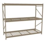 A large metal warehouse shelf unit with three adjustable levels, featuring a sturdy frame and grid-style shelves for ventilation. The shelf is empty, showcasing its storage capacity and industrial design.