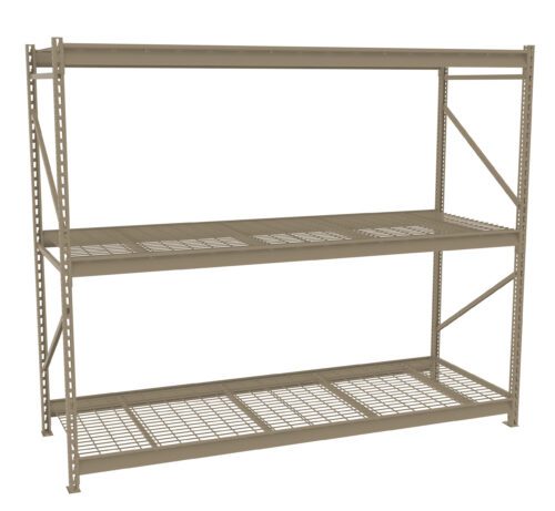 A large metal warehouse shelf unit with three adjustable levels, featuring a sturdy frame and grid-style shelves for ventilation. The shelf is empty, showcasing its storage capacity and industrial design.