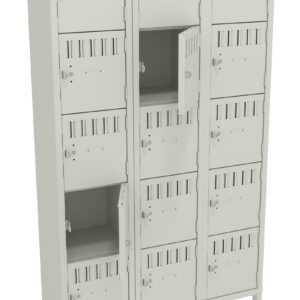 A metal locker unit with three columns and four rows of compartments. Some doors are open, revealing empty spaces inside. The lockers are light gray with ventilation slots on each door.