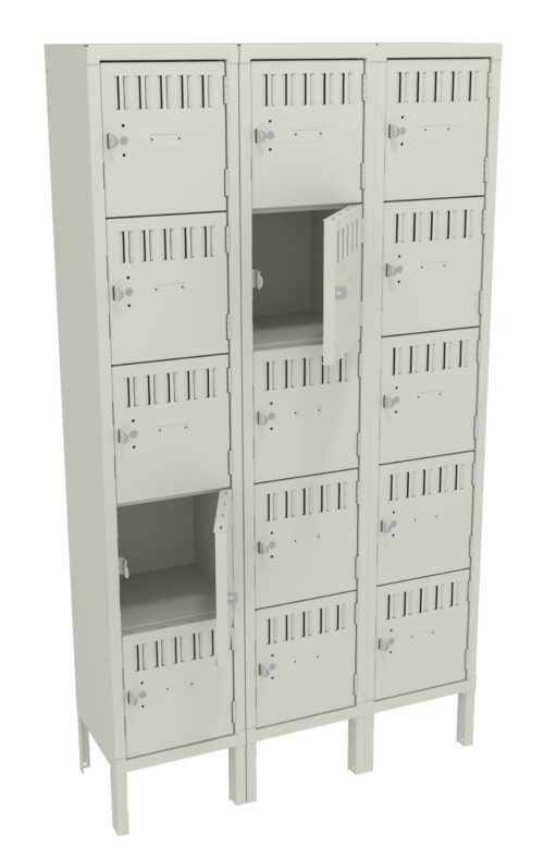 b7h7smknv2iqfovfxpll.jpg A metal locker unit with three columns and four rows of compartments. Some doors are open, revealing empty spaces inside. The lockers are light gray with ventilation slots on each door.