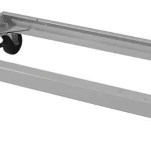A rectangular, metallic dolly with four black swivel caster wheels. The frame is light gray with a small red label on one side. Designed for easy movement of heavy items.