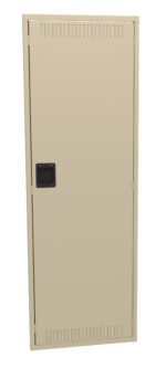 A beige metal locker with a black handle. The locker door is plain, with small vents at the top and bottom for ventilation. The design is simple and utilitarian, typically found in schools or gyms.