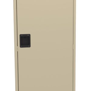 A beige metal locker with a black handle. The locker door is plain, with small vents at the top and bottom for ventilation. The design is simple and utilitarian, typically found in schools or gyms.