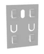A gray rectangular plastic wall mount features four curved hooks, two near the top and two near the bottom. Theres a keyhole cutout in the center near the upper edge for mounting. The hooks are evenly spaced and face outward.