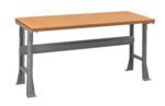 A sturdy workbench with a light brown wooden top and a gray metal frame. The design includes reinforced legs and a supportive crossbar, suitable for industrial use or heavy-duty tasks.