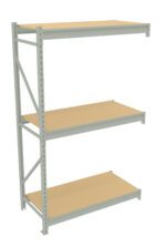 A three-tier storage shelf with a light gray metal frame and brown wooden shelves. The unit is free-standing and designed for organizing or storing items.