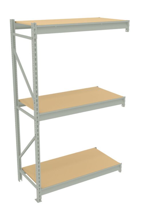 A three-tier storage shelf with a light gray metal frame and brown wooden shelves. The unit is free-standing and designed for organizing or storing items.