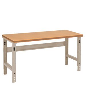 A workbench with a light brown wooden top and gray metal legs. The legs are adjustable with visible holes for customization. The design is simple and utilitarian, suitable for various work environments or tasks.