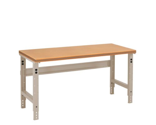 A workbench with a light brown wooden top and gray metal legs. The legs are adjustable with visible holes for customization. The design is simple and utilitarian, suitable for various work environments or tasks.