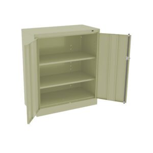 Beige metal storage cabinet with two open doors. Inside, there are three adjustable shelves. The cabinet has a simple, industrial design suitable for office or workshop use.