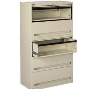 A beige metal filing cabinet with four drawers. The second and third drawers are open, showing empty storage space. The cabinet is upright against a plain white background.