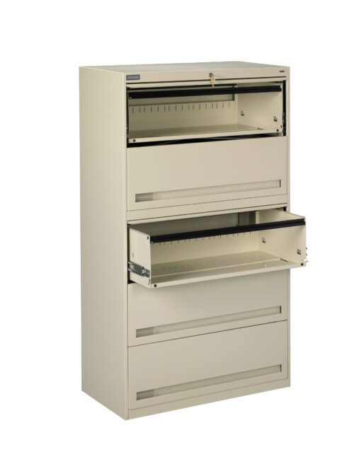 A beige metal filing cabinet with four drawers. The second and third drawers are open, showing empty storage space. The cabinet is upright against a plain white background.