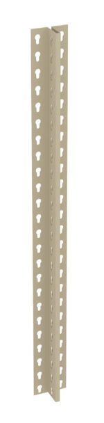 A beige metal corner bracket with rows of keyhole-shaped cutouts along its length, designed for assembly or mounting purposes.