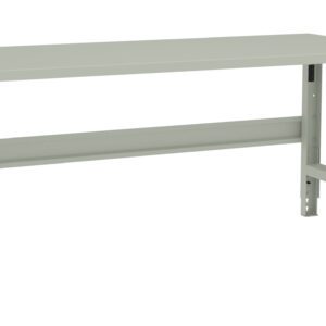 A sturdy, gray metal workbench with a flat rectangular surface and adjustable legs. The design is minimalistic, with cross-supports for stability. The bench has a simple, industrial appearance, suitable for workshops or garages.