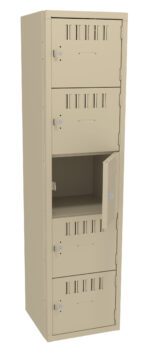 A tall beige metal locker with five compartments, four of which are closed and one open. Each compartment has a lock and ventilation slots. The locker is standing upright against a plain background.