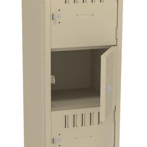 A tall beige metal locker with five compartments, four of which are closed and one open. Each compartment has a lock and ventilation slots. The locker is standing upright against a plain background.