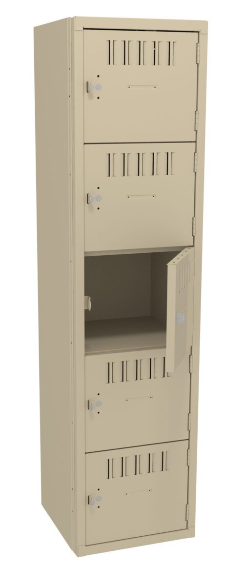 A tall beige metal locker with five compartments, four of which are closed and one open. Each compartment has a lock and ventilation slots. The locker is standing upright against a plain background.