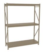 A large, empty industrial metal shelving unit with three shelves is shown. The shelf is beige and has a simple, open design with metal supports and cross braces for stability.