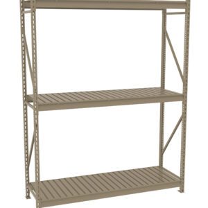 A large, empty industrial metal shelving unit with three shelves is shown. The shelf is beige and has a simple, open design with metal supports and cross braces for stability.