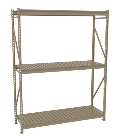 A large, empty industrial metal shelving unit with three shelves is shown. The shelf is beige and has a simple, open design with metal supports and cross braces for stability.