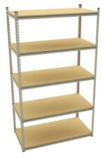 A metal shelving unit with five beige shelves evenly spaced. The frame is made of steel with holes along the sides for adjustable height. The overall design is simple and functional, ideal for storage in garages, workshops, or warehouses.