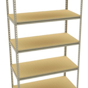 A metal shelving unit with five beige shelves evenly spaced. The frame is made of steel with holes along the sides for adjustable height. The overall design is simple and functional, ideal for storage in garages, workshops, or warehouses.