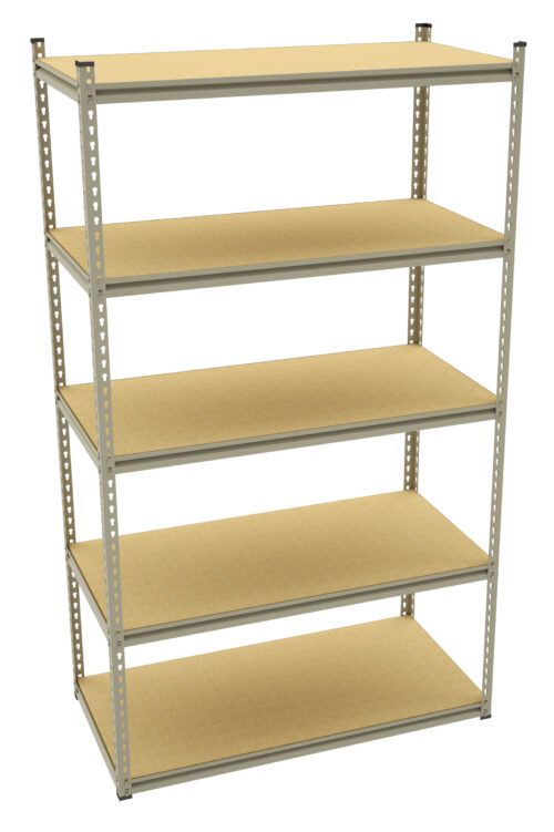 A metal shelving unit with five beige shelves evenly spaced. The frame is made of steel with holes along the sides for adjustable height. The overall design is simple and functional, ideal for storage in garages, workshops, or warehouses.