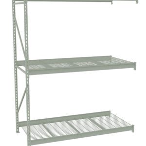 A gray metal storage rack with three adjustable wire shelves is shown against a white background. The structure features an open design with perforated shelves, suitable for organizing various items.