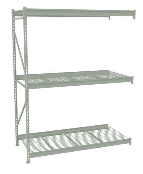 bbgrhhfldcszojp2pb9u.jpg A gray metal storage rack with three adjustable wire shelves is shown against a white background. The structure features an open design with perforated shelves, suitable for organizing various items.