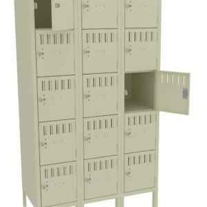 A set of three beige metal lockers with multiple compartments. Each locker column has four square compartments with ventilation slots. Two compartments are open, showing an empty interior. The lockers stand on short legs.