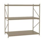 A beige metal shelving unit with three horizontal slatted shelves. The frame is supported by vertical beams connected with diagonal bracing bars. The design appears simple and industrial, suitable for storage purposes.