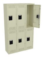 A set of six beige metal lockers arranged in two rows. The top right locker door is open, showing an empty interior with a built-in handle and latching mechanism. The other locker doors are closed and feature vent slots and black handles.