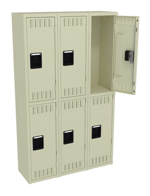 bcullmxjy6bsnmjjizso.jpg A set of six beige metal lockers arranged in two rows. The top right locker door is open, showing an empty interior with a built-in handle and latching mechanism. The other locker doors are closed and feature vent slots and black handles.