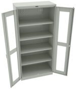 A gray metal storage cabinet with two open glass-paneled doors and five adjustable shelves. The interior is empty, and the design is simple and industrial.